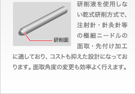 研削液を使用しない乾式研削方式で、注射針・針灸針等の極細ニードルの面取・先付け加工に適しており、コストも抑えた設計になっております。面取角度の変更も効率よく行えます。